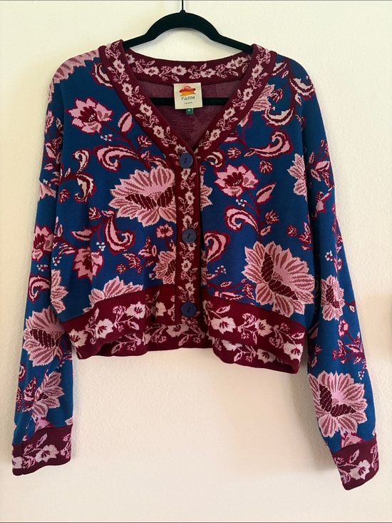 FARM Rio Sweaters - Farm Rio Blue Burgundy Pink Floral Cardigan NWOT